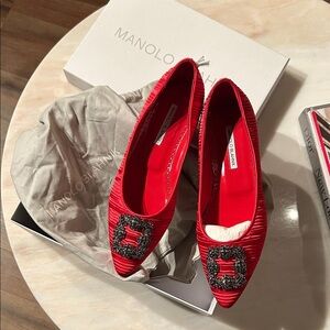 Manolo Blahnik Red Flats with Embellished Buckle